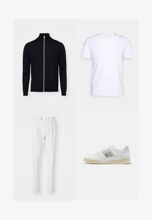 Paul Smith MEN CARDIGAN ZIP - Kardigan - black; Valge lühikeste varrukatega t-särk puuvillaste kangast, ümmarguse kaelusega. Lihtne disain, ilma mustrite ja detailideta. Sile tekstuur.; Valged kohandatud püksid, millel on sirge esiosa, kaks voltimist ja rullitud avad. Valmistatud siledast kangast, millel on nööpelement vööl.; Valge nahast sneaker, millel on kreemjas värvuses põhi, külgedel mitmevärvilised triipudega aktsendid ja kuldsete detailidega "PS Paul Smith" brändimine.