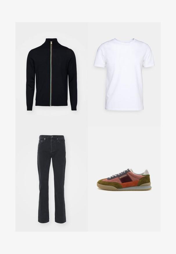 Paul Smith MEN CARDIGAN ZIP - Kardigán - black; Biela kratkosrstá bavlnená tričko s okrúhlym výstrihom. Jednoduchý dizajn bez vzorov alebo akcentov. Hladká textúra.; Čierne denimové džínsy so strižením rovného strihu, obsahujúce päť vreciek a zapínanie na gombík. Tkanina má jemnú textúru a pevný povrch.; PS Paul Smith DOVER - Tenisky - pink