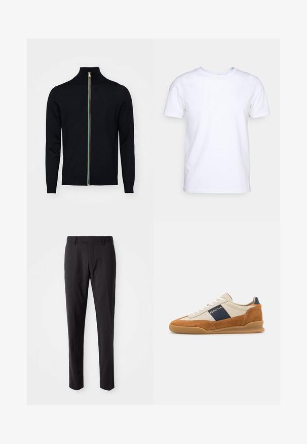 Paul Smith MEN CARDIGAN ZIP - Cardigan - black; Hvid kortærmet t-shirt i bomuldsstof med rund halsudskæring. Enkel design uden mønstre eller detaljer. Glat tekstur.; Sorte skræddersyede bukser med flad front, slim fit, bæltestropper og en glat tekstur. Velegnet til formelt eller forretningsmæssigt tøj.; PS Paul Smith DOVER - Sneakers - cognac/off-white