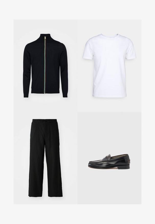 Paul Smith MEN CARDIGAN ZIP - Gilet - black; T-shirt blanc à manches courtes en tissu de coton avec un col rond. Design simple sans motifs ni accents. Texture lisse.; Pantalon large noir en tissu léger, avec une taille élastique dotée d'un cordon de serrage et sans poches visibles ni motifs.; Mocassins en cuir noir avec un design de style mocassin, présentant une bande décorative et un détail de couture sur le dessus. Talon bloc bas.