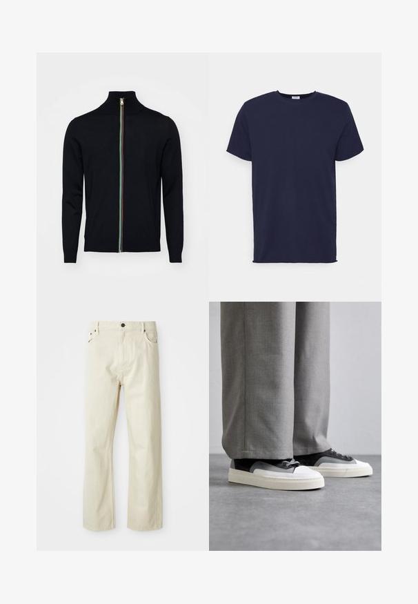 Paul Smith MEN CARDIGAN ZIP - Kardigán - black; Námornícky modrá tričko krátky rukáv vyrobené z jemnej tkaniny. Obsahuje okrúhly výstrih a priame strih bez vzorov alebo akcentov.; Beige bavlnené džínsy so strihom rovného nohu, päť vreciek, zapínanie na gombík a viditeľné švy. Hladká textúra s neformálnym dizajnom.; Filling Pieces RIVIERA - Tenisky - grey