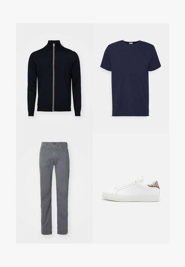Paul Smith MEN CARDIGAN ZIP - Kardigán - black; Námornícky modrá tričko krátky rukáv vyrobené z jemnej tkaniny. Obsahuje okrúhly výstrih a priame strih bez vzorov alebo akcentov.; Sivé bavlnené nohavice so strihom na rovné nohy, piatimi vreckami, pútkami na opasok a zapínaním na gombík. Hladká textúra s minimálnymi viditeľnými záhybmi.; Biele kožené tenisky s hladkým povrchom, zdobené farebným pruhovaným akcentom na päte, zlatým očkom a plochou bielou podrážkou.