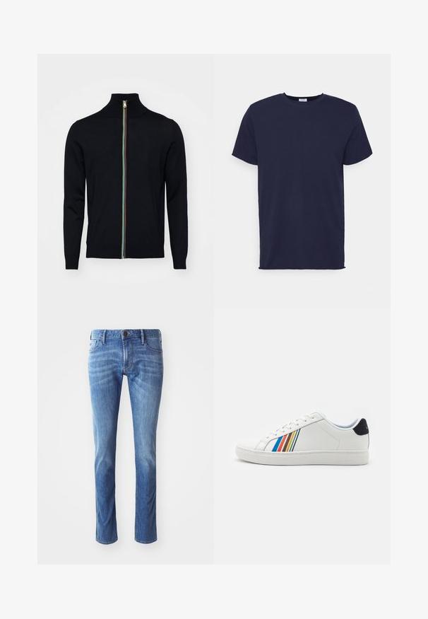 Paul Smith MEN CARDIGAN ZIP - Kardigán - black; Námornícky modrá tričko krátky rukáv vyrobené z jemnej tkaniny. Obsahuje okrúhly výstrih a priame strih bez vzorov alebo akcentov.; Svetlo modré denimové džínsy so strihať z rovného nohavice, s tradičným dizajnom piatich vreciek a jemným blednutím smerom k kolenám.; Biele kožené tenisky s farebnými vertikálnymi pruhmi v modrej, červenej, oranžovej a žltej na boku. Majú okrúhly špičku a plochú podrážku.