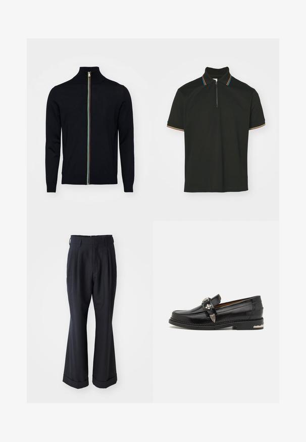 Paul Smith MEN CARDIGAN ZIP - Kardigán - black; Čierna polo tričko so zipsovým golierom a viacfarebnými pruhmi. Krátke rukávy a hladká bavlnená textúra.; Čierne nošené nohavice so voľným strihom, plisovaným predným dielom a širokými nohavicami. Majú manžetový lem a hladkú textúru látky.; Čierne kožené mokasíny so striebornými ozdobnými prvkami, hore z mokasínového štýlu, s detailným prešívaním a s vrstveným opätkom.