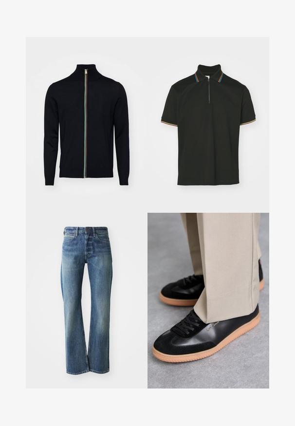 Paul Smith MEN CARDIGAN ZIP - Gilet - black; Polo noir avec un col zippé et des rayures multicolores. Manches courtes et texture en coton lisse.; Jeans en denim de couleur bleu clair à moyen, coupe droite, design classique à cinq poches et décoloration subtile à l'avant.; Paul Smith COMO - Baskets basses - black