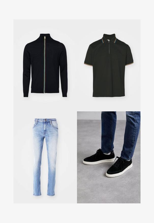 Paul Smith MEN CARDIGAN ZIP - Cardigan - black; Sort polo-shirt med lynlås krave og multicolor striber. Korte ærmer og en glat bomulds tekstur.; Lyseblå denim jeans med en falmet finish, lige ben-snit, fem lommer, bæltestropper og enkelt knaplukning i taljen.; Sorte ruskind sneakers med en hvid gummisål, der har et klassisk low-top design, rundt tå og flade sorte snørebånd.