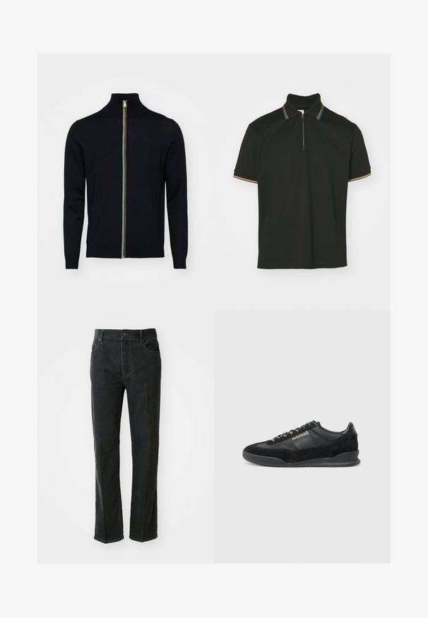 Paul Smith MEN CARDIGAN ZIP - Kardigán - black; Čierna polo tričko so zipsovým golierom a viacfarebnými pruhmi. Krátke rukávy a hladká bavlnená textúra.; Čierne kordové nohavice s rovnými nohavicami, vybavené gombíkovým zapínaním, dvoma prednými vreckami a vertikálnou ribovanou textúrou.; Čierne športové tenisky s kombináciou hladkej kože a semišu, okrúhla špička, textúrované strany a zlaté akcenty loga.