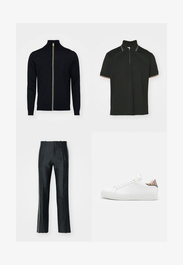 Paul Smith MEN CARDIGAN ZIP - Cardigan - black; Sort polo-shirt med lynlås krave og multicolor striber. Korte ærmer og en glat bomulds tekstur.; Sorte satinbukser med en skræddersyet pasform, der har hvide sidelister. Designet med en udvidet benvidde og frontfolder for ekstra detalje.; Hvide lædersneakers med en glat overflade, prydet med en farverig stribet detalje på hælen, guldøje og flad hvid sål.