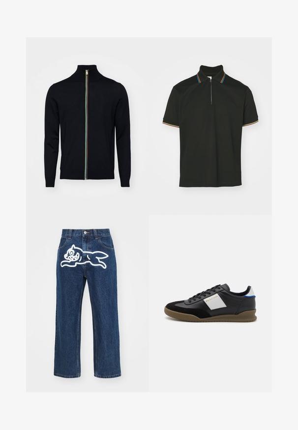 Paul Smith MEN CARDIGAN ZIP - Kardigán - black; Čierna polo tričko so zipsovým golierom a viacfarebnými pruhmi. Krátke rukávy a hladká bavlnená textúra.; Tmavomodré široké nohavice s veľkým bielym karikatúrnym psom na zadnej vrecku. Džínová textúra, tradičný dizajn so štyrmi vreckami.; Čierne kožené a semišové tenisky s šedým panelom, hnedou gumovou podrážkou a modrým akcentom na päte. Obsahujú šnúrky a embosované logo.