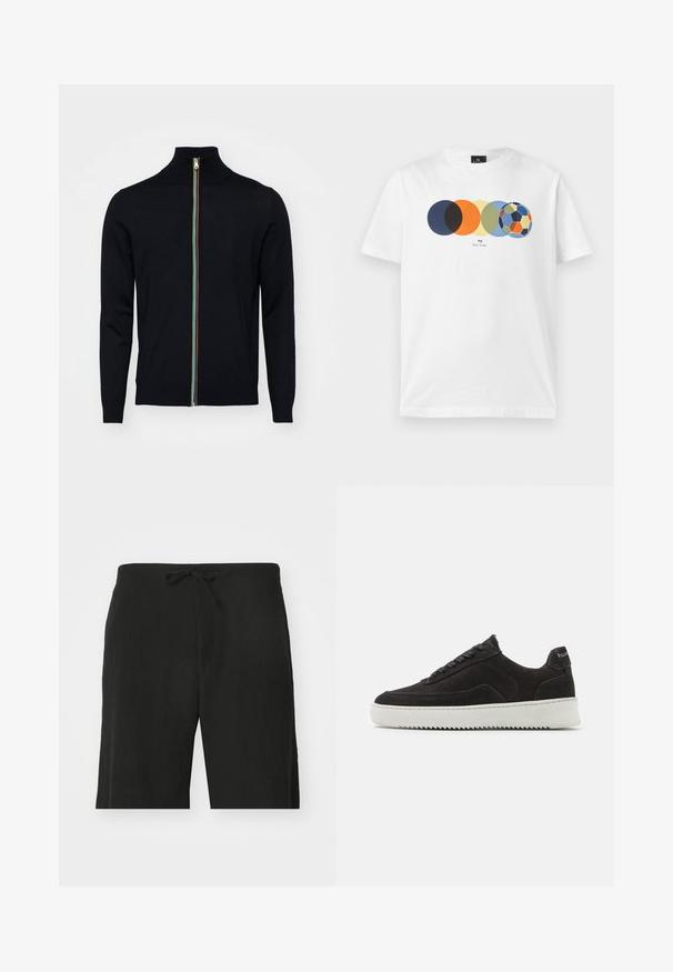 Paul Smith MEN CARDIGAN ZIP - Strickjacke - black; Weißes kurzärmeliges T-Shirt mit Grafik von fünf überlappenden farbigen Kreisen, der letzte ähnelt einem mehrfarbigen Fußball, und kleinem Text darunter.; Schwarze Leinen-Shorts mit elastischem Bund, im entspannten Schnitt und knielanger Ausführung. Sanfte Textur, einfacher und klassischer Stil.; Schwarze Wildledersneaker mit strukturiertem Finish, ausgestattet mit flachen Schnürsenkeln und einer kontrastierenden weißen Gummisohle mit Zickzackmuster.