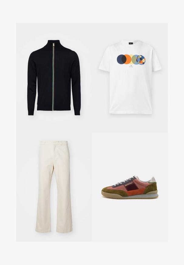 Paul Smith MEN CARDIGAN ZIP - Gilet - black; T-shirt blanc à manches courtes avec un graphique de cinq cercles colorés qui se chevauchent, le dernier ressemblant à un ballon de football multicolore, et un petit texte en dessous.; Pantalons en coton beige à coupe droite, dotés d'une fermeture éclair et d'un bouton à l'avant, d'une texture lisse et d'un style minimaliste.; PS Paul Smith DOVER - Baskets basses - pink