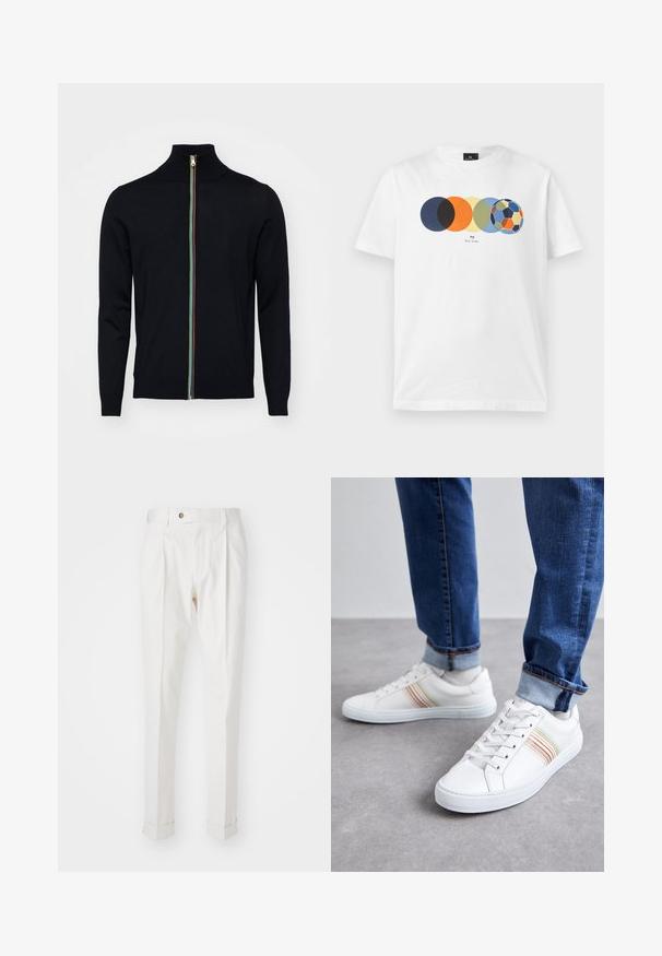 Paul Smith MEN CARDIGAN ZIP - Vest - black; Wit T-shirt met korte mouwen met een afbeelding van vijf overlappende gekleurde cirkels, waarvan de laatste lijkt op een meerkleurige voetbal, en kleine tekst eronder.; Witte, op maat gemaakte broeken met een platte voorkant, twee plooien en omgeslagen pijpen. Gemaakt van een gladde stof met een knoopsluiting in de taille.; Witte leren sneakers met meerkleurige strepen, vetersluiting, rubberen zool en gevoerd kraagje, gecombineerd met blauwe spijkerbroek.