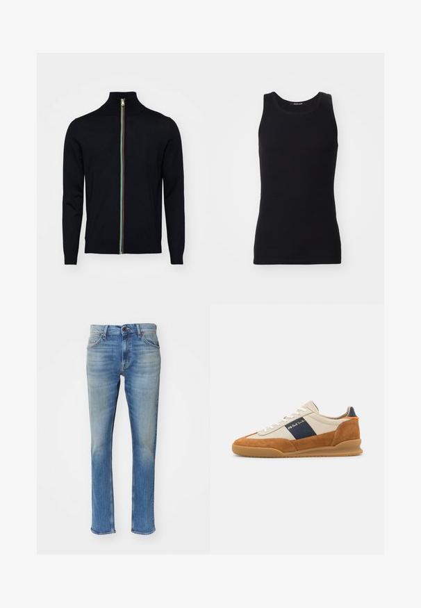 Paul Smith MEN CARDIGAN ZIP - Vest - black; Zwarte tanktop gemaakt van een gladde, rekbare stof. Heeft een ronde halslijn en geen mouwen, met een slim fit en een eenvoudig ontwerp.; Lichtblauwe spijkerbroek met een rechte snit, voorzien van een ritssluiting, vijf zakken en een licht vervaagde textuur.; PS Paul Smith DOVER - Sneakers laag - cognac/off-white