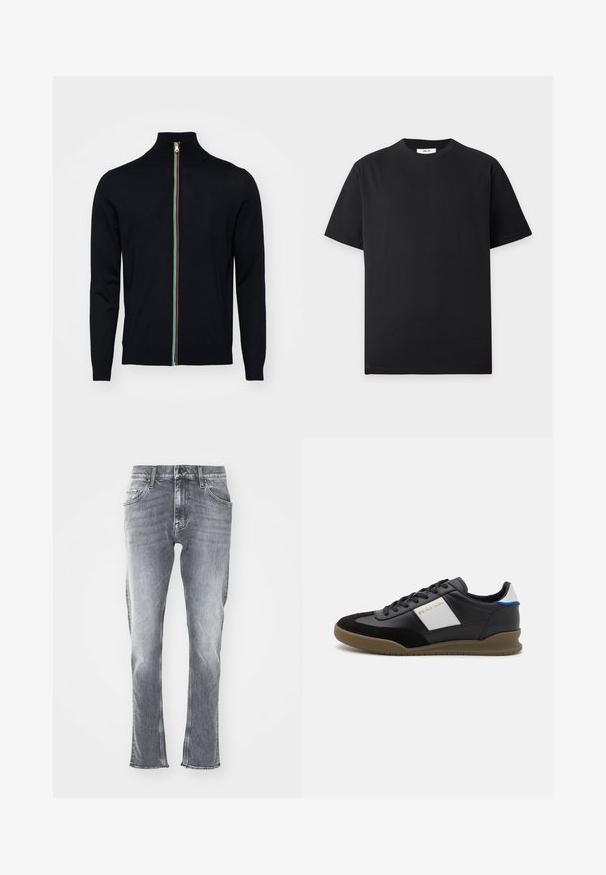 Paul Smith MEN CARDIGAN ZIP - Kardigan - black; Lihtne must lühikeste varrukatega ümara kaelusega T-särk, mis on laotatud helehallile taustale, krae sees väike valge silt.; Halli denim teksad kitsas lõikega, narmastega alläär ja viis taskut. Omab klassikalist nööbi ja tõmbluku sulgemist. Pehme tekstuur ja pleekinud värvitoon.; Mustad nahast ja sametist tossud halli paneeliga, pruun kummitald ja sinine aktsent kandadel. Omab paelu ja sissepressitud logo.