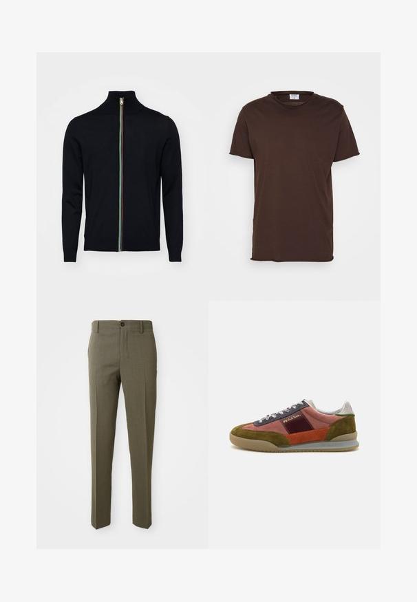 Paul Smith MEN CARDIGAN ZIP - Gilet - black; Filippa K ROLL NECK TEE - T-shirt basique - dark choco; Pantalons ajustés vert olive avec une texture lisse, coupe droite, bouton avant unique et poches latérales pour la fonctionnalité.; PS Paul Smith DOVER - Baskets basses - pink