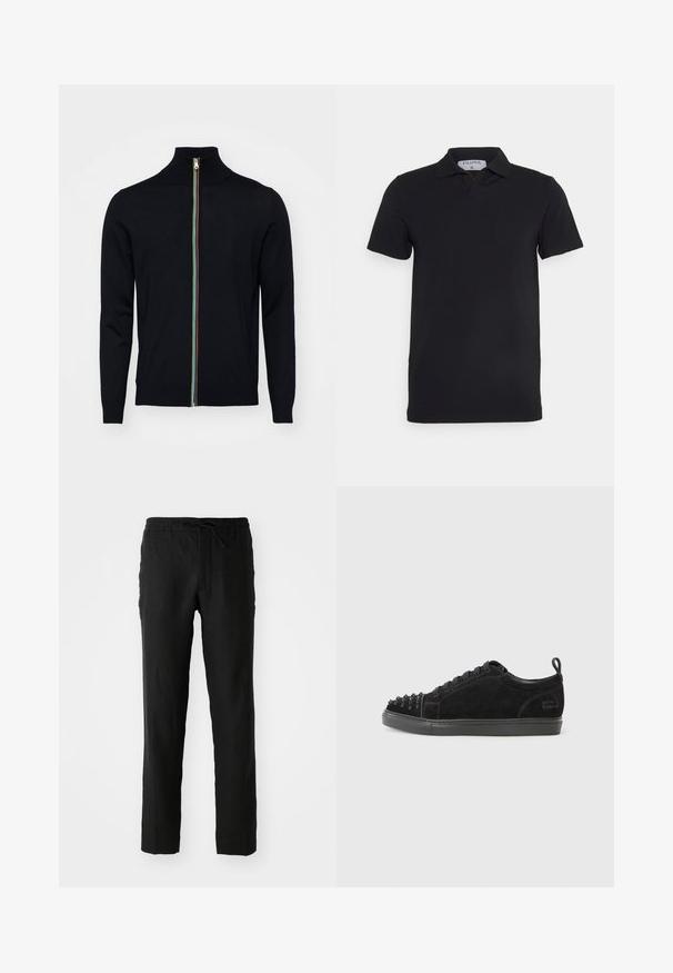 Paul Smith MEN CARDIGAN ZIP - Vest - black; Zwart polosjaal met korte mouwen en een klassieke kraag, gemaakt van gladde stof. Heeft een label met de merknaam 'Filippa K' op de hals.; Zwarte linnen broek met een elastische tailleband en trekkoord. Rechtaflopende pasvorm en een soepele textuur. Geschikt voor casual kleding.; Zwarte suède sneakers met een ronde neus, voorzien van een stekels ontwerp aan de voorkant, zwarte veters en een gestructureerde zwarte rubberen zool.
