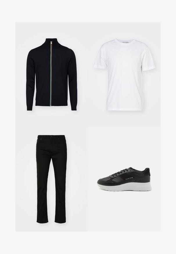 Paul Smith MEN CARDIGAN ZIP - Strickjacke - black; Weißes Baumwoll-T-Shirt mit Rundhalsausschnitt, kurzen Ärmeln und geradem Schnitt. Keine Muster oder Verzierungen, glatte Textur und schlichtes Design.; Schwarze Denim-Jeans mit geradem Bein, fünf Taschen und Druckknopfverschluss. Glatte Textur mit dezenten Nähten.; Schwarze Ledersneaker mit Wildlederdetails, runde Zehenform, weiße Gummisohle und gestickte Verzierungen. Logo seitlich aufgedruckt. Klassisches Schnürdesign.