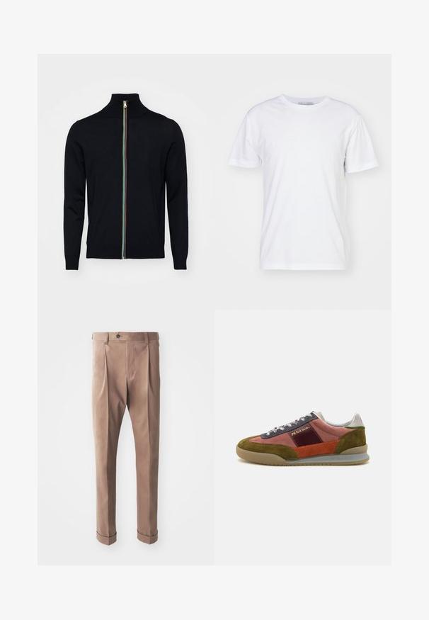 Paul Smith MEN CARDIGAN ZIP - Chaqueta de punto - black; Camiseta de algodón blanca con escote redondo, mangas cortas y corte recto. Sin patrones ni adornos, textura suave y diseño sencillo.; Pantalones caqui hechos de tela texturizada, con una cintura alta, pliegues y puños enrollados, y un cierre de botón en la cintura.; PS Paul Smith DOVER - Zapatillas - pink
