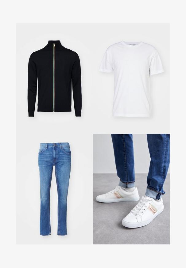 Paul Smith MEN CARDIGAN ZIP - Kardigan - black; Valge puuvillane T-särk ümarate kaelustega, lühikeste varrukatega ja sirge lõikega. Ilma mustrite või kaunistusteta, sile tekstuur ja lihtne disain.; Sinine teksariie, sirge jala disainiga, varustatud nööbilt sulgemisega, viie taskuga ja õrna fade efekti, valge tausta ees.; Valged nahast spordijalatsid mitmevärviliste triipudega, nööriga disain, kummist talla ja pehmendusega krae, kombineeritud siniste teksadega.