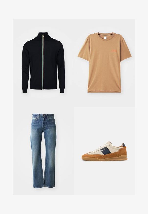 Paul Smith MEN CARDIGAN ZIP - Vest - black; Bruine T-shirt met korte mouwen van katoen, met een ronde halslijn, voorzien van kleine oranje tekst op de borst en een ontspannen pasvorm.; Denim jeans in een licht tot gemiddeld blauwe kleur, met een recht gesneden pijp, klassiek vijf-pocket ontwerp en subtiele vervaging aan de voorkant.; PS Paul Smith DOVER - Sneakers laag - cognac/off-white