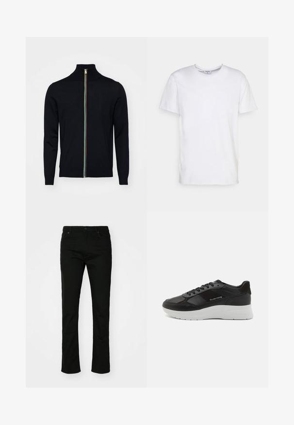 Paul Smith MEN CARDIGAN ZIP - Cardigan - black; Hvid kortærmet t-shirt lavet af bomuld. Har en rund halsudskæring og en afslappet pasform uden synlige mønstre eller detaljer.; Sorte denim jeans med lige ben design, fem lomme-stil og knaplukning. Glat tekstur med subtile stikninger detaljer.; Sort læder sneaker med ruskindsdetaljer, rund tå, hvid gummisål og syet udsmykning. Logo trykt på siden. Klassisk snørebåndsdesign.