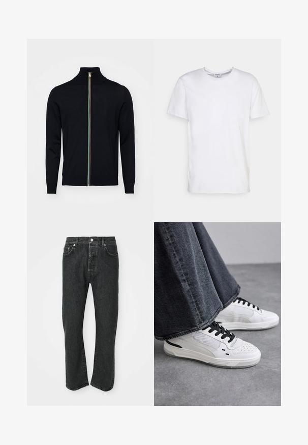 Paul Smith MEN CARDIGAN ZIP - Kardigán - black; Biely krátky rukáv tričko vyrobené z bavlny. Má okrúhly výstrih a voľný strih bez viditeľných vzorov alebo akcentov.; Čierne džínsy s rovnými nohavicami, so zapínaním na prednom gombíku a zips, predné a zadné vrecká viditeľné na bielom pozadí.; Biele tenisky s čiernymi šnúrkami a sieťovinou. Majú hladký kožený zvršok a textúrovanú gumovú podrážku. Skombinované so širokými šedými džínsami.