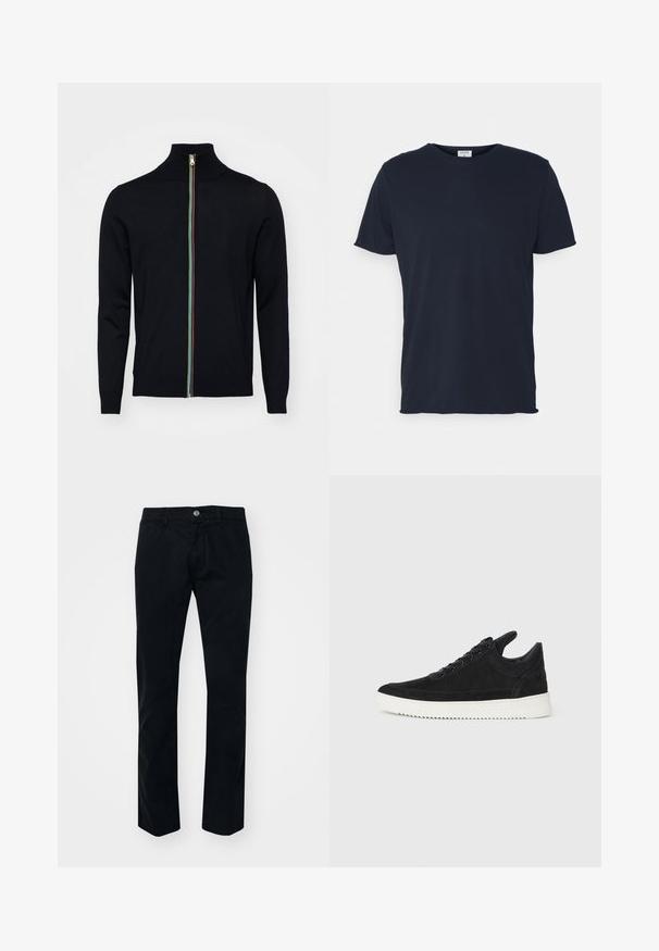 Paul Smith MEN CARDIGAN ZIP - Gilet - black; T-shirt en coton bleu marine avec un col rond et des manches courtes, présentant une texture lisse et un design simple, sans motifs ni accents visibles.; Pantalons noirs à jambe droite en coton. Équipés d'un bouton à l'avant, de passants de ceinture et d'une texture lisse et mate. Sans motifs visibles.; Baskets en daim noir avec une semelle en caoutchouc blanc, présentant des coutures tonales et un design lacé. Texture lisse avec une forme moderne et épurée.