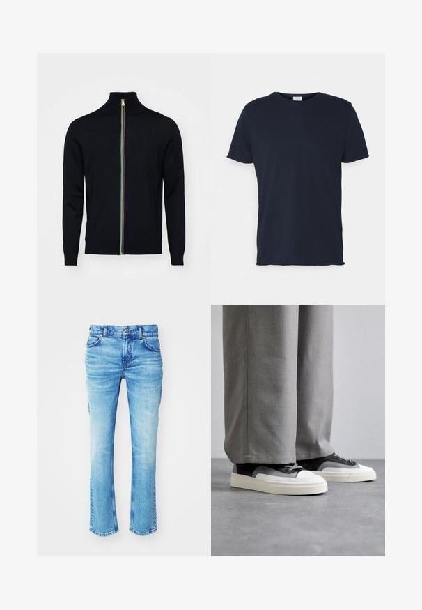 Paul Smith MEN CARDIGAN ZIP - Cardigan - black; Marineblå bomulds t-shirt med rund hals og korte ærmer, med en glat tekstur og enkel design, uden synlige mønstre eller accenter.; Blå denimjeans med en størkningsvask, lige ben-design og rå kant. Har fem lomme-styling og metalknapdetaljer.; Filling Pieces RIVIERA - Sneakers - grey
