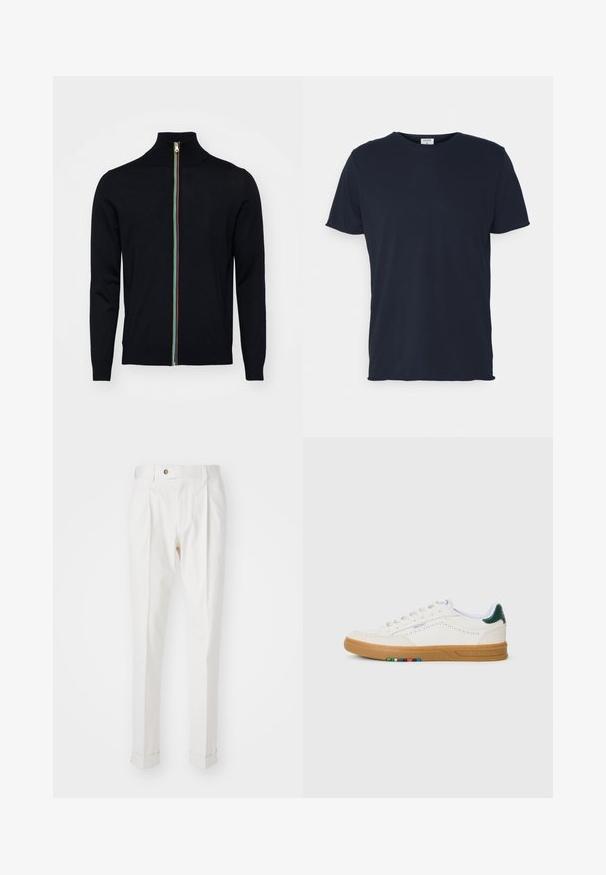 Paul Smith MEN CARDIGAN ZIP - Vest - black; Navyblauwe katoenen t-shirt met ronde hals en korte mouwen, met een gladde textuur en eenvoudig ontwerp, zonder zichtbare patronen of accenten.; Witte, op maat gemaakte broeken met een platte voorkant, twee plooien en omgeslagen pijpen. Gemaakt van een gladde stof met een knoopsluiting in de taille.; Witte leren sneaker met geperforeerd ontwerp, gumrubberen zool, groene hielaccent en kleurrijke streepdetails aan de zijkant.