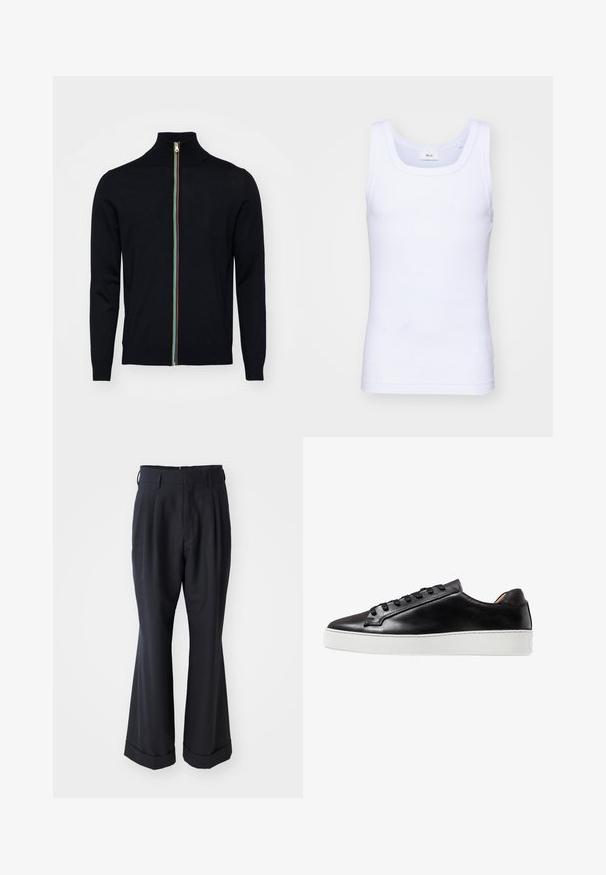 Paul Smith MEN CARDIGAN ZIP - Kardigán - black; Biela bavlnená tielko bez rukávov s okrúhlym výstrihom, s hladkou textúrou a priliehavým strihom, navrhnuté pre neformálne nosenie.; Čierne nošené nohavice so voľným strihom, plisovaným predným dielom a širokými nohavicami. Majú manžetový lem a hladkú textúru látky.; Čierne kožené tenisky s hladkým povrchom, biele gumové podrážky, šnurovanie a minimalistické dizajnové akcenty.
