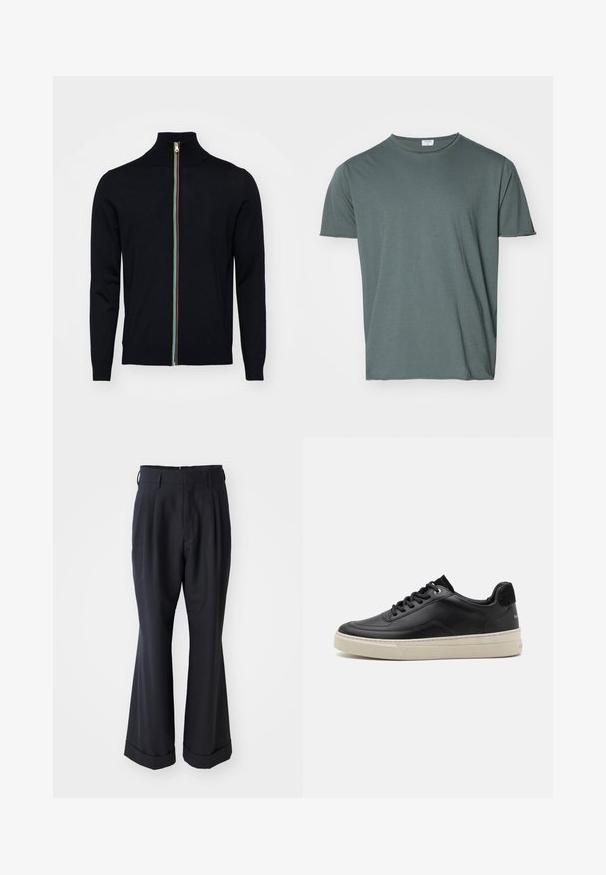 Paul Smith MEN CARDIGAN ZIP - Kardigán - black; Tmavozelené tričko s okrúhlym výstrihom, krátke rukávy, mäkká látka, voľný strih, hladká textúra, bez viditeľných vzorov alebo akcentov.; Čierne nošené nohavice so voľným strihom, plisovaným predným dielom a širokými nohavicami. Majú manžetový lem a hladkú textúru látky.; Čierne kožené tenisky s nízkym profilom, s krémovou gumovou podrážkou, okrúhlou špičkou a šnurovacím dizajnom, doplnené čiernym semišovým opätkom.