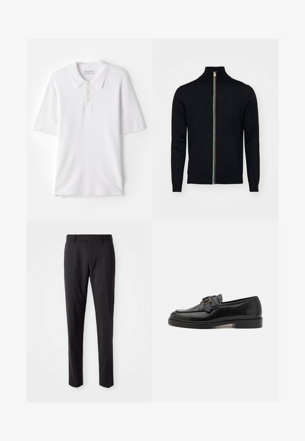 Paul Smith MEN CARDIGAN ZIP - Vest - black; Witte polo shirt met een geweven ribstof, een kraag en drie kleine knopen aan de voorkant. Korte mouwen en een rechte zoom.; Zwarte op maat gemaakte broeken met een platte voorkant, slim fit, riemlussen en een soepele textuur. Geschikt voor formele of zakelijke kleding.; Zwarte leren instappers met een ronde neus en een decoratieve gesp. Platte, stevige hak en een gladde textuur overal.