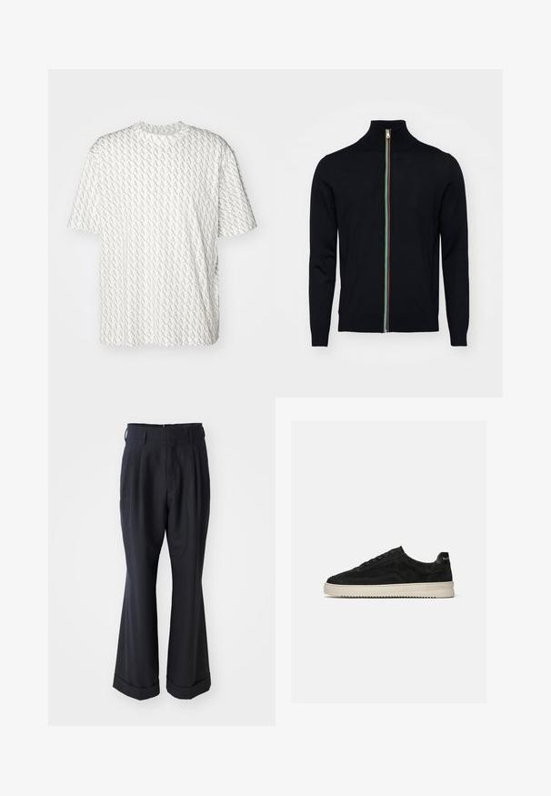 Paul Smith MEN CARDIGAN ZIP - Cardigan - black; Hvid t-shirt med et gentaget gråt "A" mønster, korte ærmer, rund halsudskæring og en afslappet pasform. Fremstillet af blødt stof.; Sorte skræddersyede bukser med en afslappet pasform, plisseret forside og vide ben. Har en opsmøg i bunden og en glat stofstruktur.; Sort ruskind lav-sneaker med sorte snørebånd og hvid gummisål, sidevisning på ensartet lys grå baggrund.