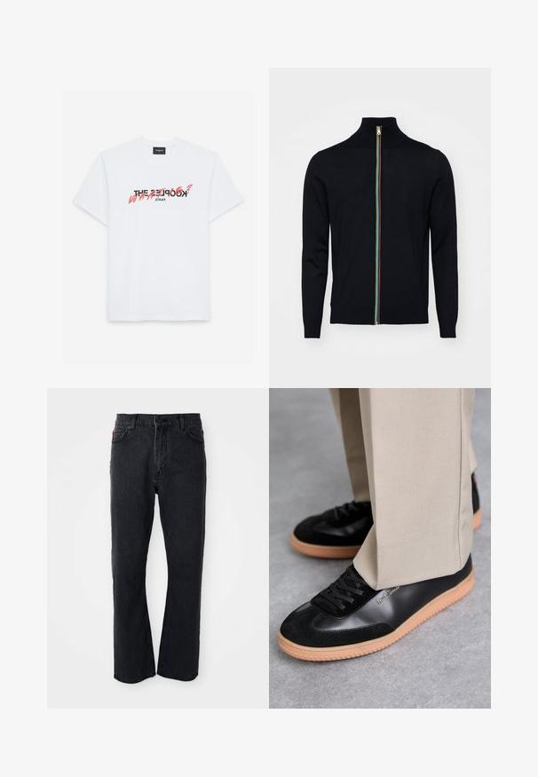 Paul Smith MEN CARDIGAN ZIP - Cardigan - black; Hvid bomulds t-shirt med korte ærmer, som har et sort og koralfarvet grafisk print. Teksten lyder: "THE KOOPLES? HVA?" og "PARIS."; Sorte denim jeans med lige ben-design, høj talje, knaplukning og subtile syninger langs lommerne og sømmene.; Paul Smith COMO - Sneakers - black