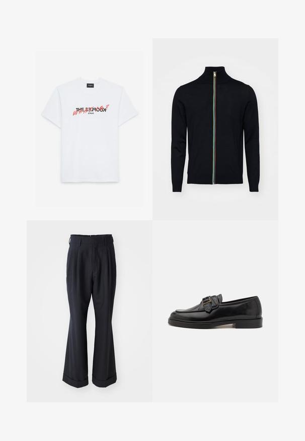 Paul Smith MEN CARDIGAN ZIP - Vest - black; Witte katoenen T-shirt met korte mouwen, voorzien van een zwart en koraal grafisch ontwerp. De tekst luidt: "DE KOOPLES? WAT?" en "PARIJS."; Zwarte op maat gemaakte broek met een ontspannen pasvorm, geplooide voorkant en brede pijpen. Voorzien van een omgeslagen zoom en een soepele stoftextuur.; Zwarte leren instappers met een ronde neus en een decoratieve gesp. Platte, stevige hak en een gladde textuur overal.