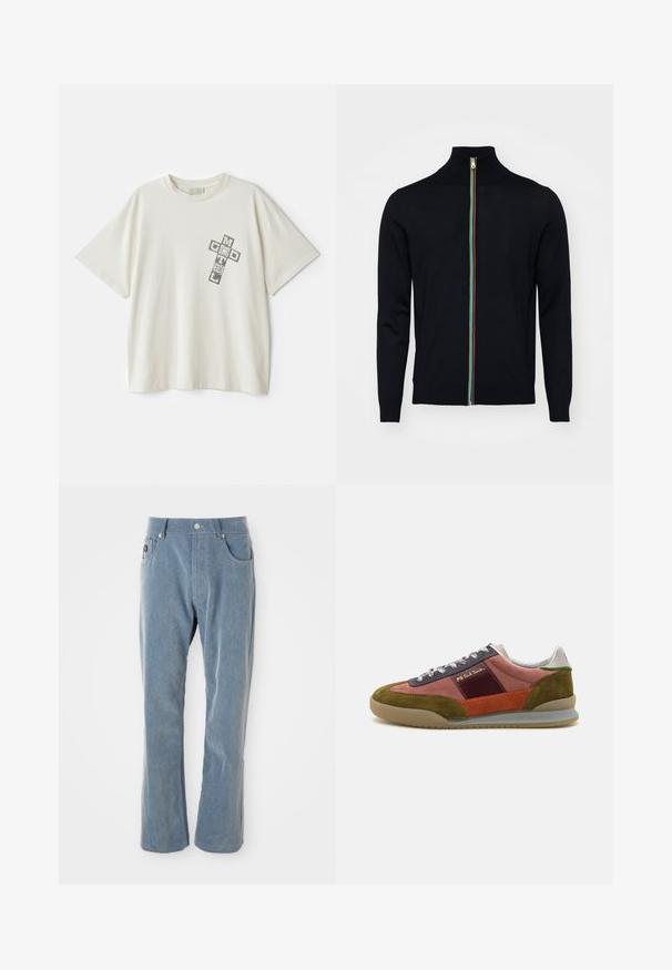 Paul Smith MEN CARDIGAN ZIP - Kardigán - black; Krémové bavlnené tričko s krátkymi rukávmi; na ľavej hrudi má grafický potlač s nápismi "MOTEL" a "GOD" usporiadanými v krížovej forme.; Svetlomodré kordové nohavice s gombíkovým a zipsovým uzáverom, prednými vreckami a rovnými nohavicami na bielom pozadí.; PS Paul Smith DOVER - Tenisky - pink