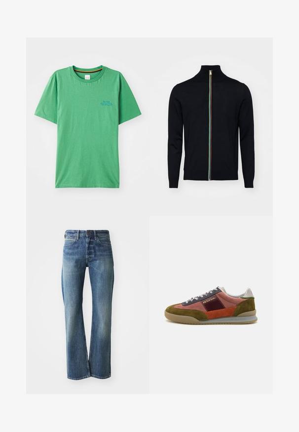 Paul Smith MEN CARDIGAN ZIP - Gilet - black; T-shirt en coton vert avec un col rond, des manches courtes et un petit texte bleu sur le côté gauche de la poitrine. Texture lisse.; Jeans en denim de couleur bleu clair à moyen, coupe droite, design classique à cinq poches et décoloration subtile à l'avant.; PS Paul Smith DOVER - Baskets basses - pink