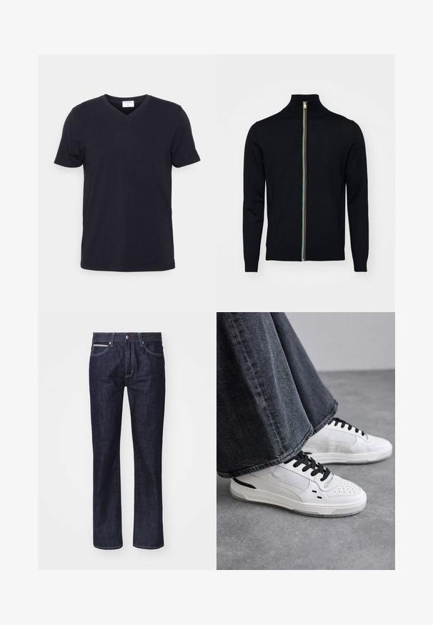 Paul Smith MEN CARDIGAN ZIP - Cardigan - black; Sort v-hals t-shirt lavet af bomuld, med korte ærmer og en afslappet pasform. Enkel design, uden mønstre eller yderligere accenter.; Mørkeblå denim jeans med lige pasform, diskrete kontrastsyninger, fem lommer og knappelukning i taljen.; Hvide sneakers med sorte snørebånd og mesh-detaljer. Har en glat læderoverdel og en tekstureret gummisål. Bæres sammen med brede grå jeans.