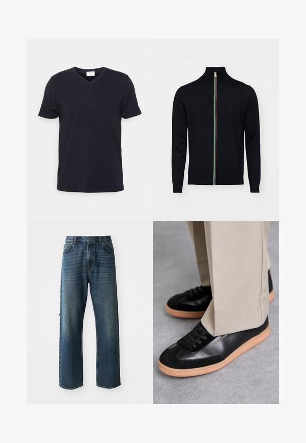 Paul Smith MEN CARDIGAN ZIP - Cardigan - black; Sort v-hals t-shirt lavet af bomuld, med korte ærmer og en afslappet pasform. Enkel design, uden mønstre eller yderligere accenter.; NN.07 OTIS - Jeans Straight Leg - stonewashed; Paul Smith COMO - Sneakers - black