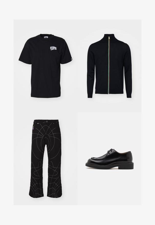 Paul Smith MEN CARDIGAN ZIP - Chaqueta de punto - black; Camiseta de algodón negra con cuello redondo y mangas cortas. Presenta un logo impreso blanco en el área del pecho izquierdo. Diseño simple, corte estándar.; Pantalones negros con costuras abstractas blancas. Cuenta con bolsillos estándar, cierre de botón y un diseño de pierna recta. Tejido texturizado.; Zapato de cuero negro con punta redondeada, detalles de costura, cordones mínimos y suela de goma gruesa para tracción y durabilidad.