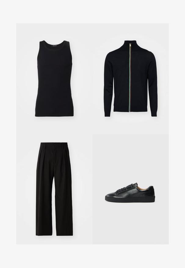 Paul Smith MEN CARDIGAN ZIP - Gilet - black; Débardeur noir en matériau lisse et extensible. Doté d'un col rond et sans manches, avec une coupe ajustée et un design simple.; Pantalons larges noirs avec une texture lisse, dotés de deux plis avant, d'une fermeture à bouton et de poches latérales. Tissu durable.; Baskets en cuir noir avec une texture lisse, bout rond et fermeture à lacets. Comprend une semelle en caoutchouc épaisse et un minimum de détails de marque.