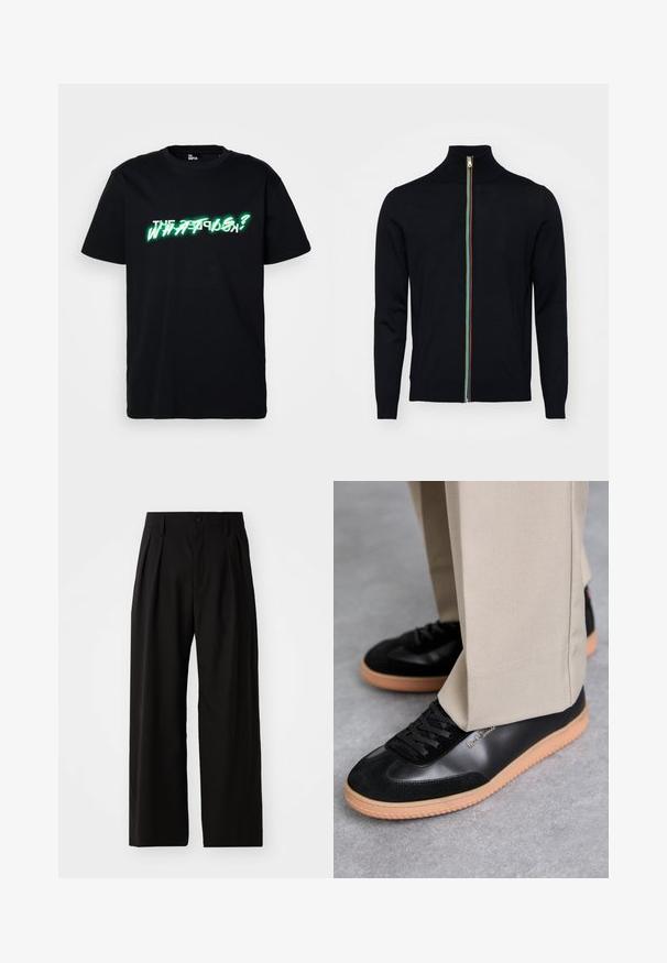 Paul Smith MEN CARDIGAN ZIP - Vest - black; Zwarte katoenen t-shirt met opvallende groene en witte grafische tekst "WHAT IS?" aan de voorkant. Ronde hals en korte mouwen.; Zwarte wijde broek met een gladde textuur, voorzien van twee voorklokken, een knoopsluiting en zijzakken. Duurzaam materiaal.; Paul Smith COMO - Sneakers laag - black
