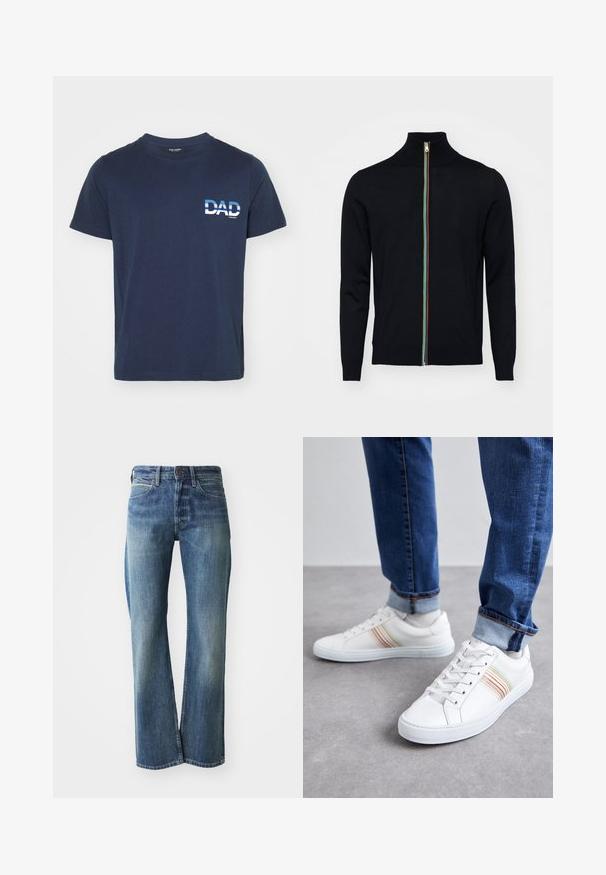 Paul Smith MEN CARDIGAN ZIP - Vest - black; Marineblauwe katoenen T-shirt met korte mouwen. Heeft een witte grafische tekst "DAD" aan de linkerkant, in een vet lettertype. Eenvoudig en casual ontwerp.; Denim jeans in een licht tot gemiddeld blauwe kleur, met een recht gesneden pijp, klassiek vijf-pocket ontwerp en subtiele vervaging aan de voorkant.; Witte leren sneakers met meerkleurige strepen, vetersluiting, rubberen zool en gevoerd kraagje, gecombineerd met blauwe spijkerbroek.