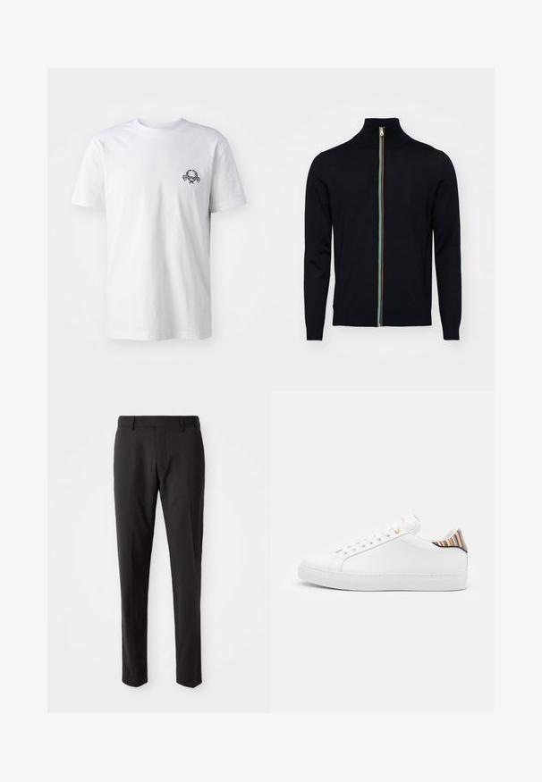 Paul Smith MEN CARDIGAN ZIP - Gilet - black; T-shirt en coton blanc avec un petit motif brodé noir sur la poitrine ; manches courtes et style col rond classique.; Pantalon noir ajusté avec une coupe plate, slim fit, passants de ceinture et une texture lisse. Convient pour une tenue formelle ou professionnelle.; Baskets en cuir blanc avec une finition lisse, présentant un accent rayé coloré au niveau du talon, des œillets dorés et une semelle blanche plate.