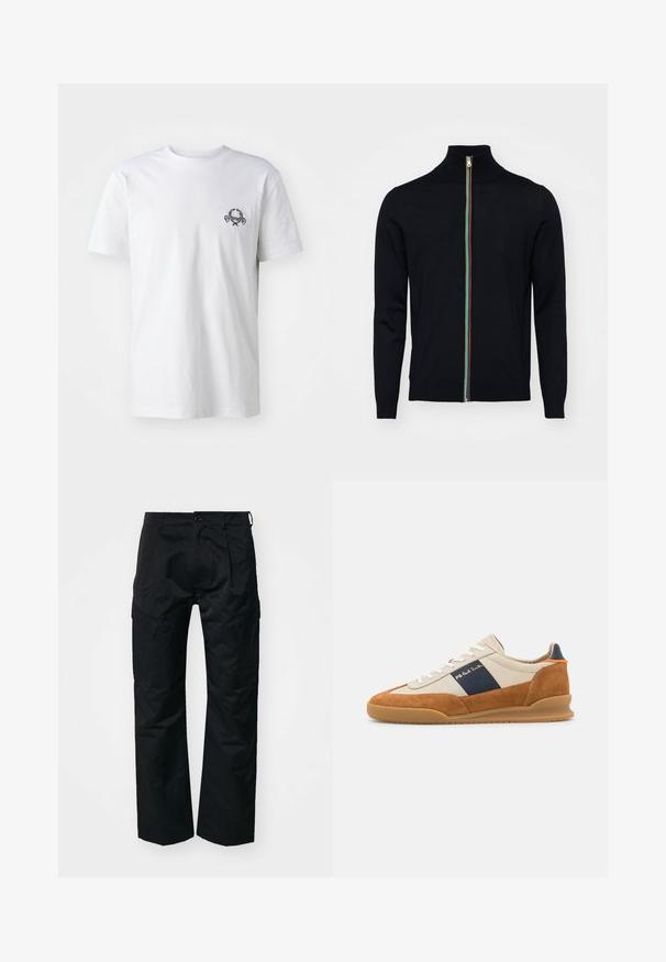 Paul Smith MEN CARDIGAN ZIP - Gilet - black; T-shirt en coton blanc avec un petit motif brodé noir sur la poitrine ; manches courtes et style col rond classique.; Pantalons cargo noirs avec une texture lisse, dotés de poches latérales, d'une fermeture à bouton et d'une coupe décontractée.; PS Paul Smith DOVER - Baskets basses - cognac/off-white