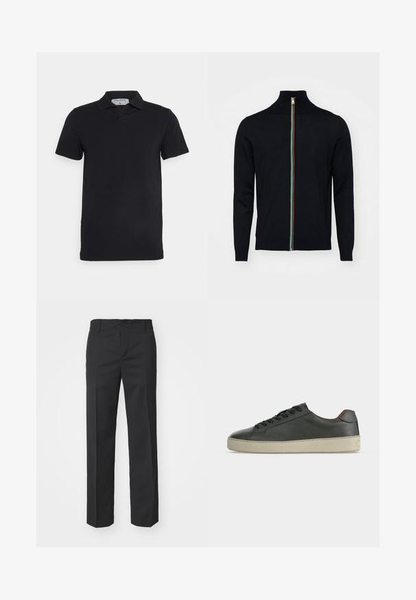 Paul Smith MEN CARDIGAN ZIP - Gilet - black; Polo noir à manches courtes avec un col classique, fabriqué en tissu lisse. Présente une étiquette avec le nom de la marque 'Filippa K' au niveau de l'encolure.; Filippa K TROY TROUSERS - Pantalon classique - black; Baskets basses en cuir noir avec lacets noirs et semelle en caoutchouc écrue, vues de côté extérieur sur fond blanc.