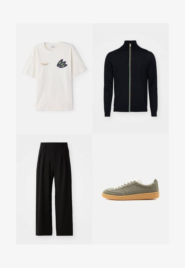Paul Smith MEN CARDIGAN ZIP - Kardigán - black; Krémovo sfarbené bavlnené tričko s tmavým grafikou vinylovej platne so zelenými akcentmi a zlatým textom na prednej strane. Krátke rukávy, okrúhly výstrih.; Čierne nohavice s širokými nohavicami a hladkou textúrou, so zložením vpredu, zapínaním na gombík a bočnými vreckami. Odolná látka.; Nízky športový topánok s olivovo zeleným textilným zvrškom, bielymi šnúrkami, polstrovaným golierom a gumovou podrážkou, zobrazený na jednoduchom pozadí.