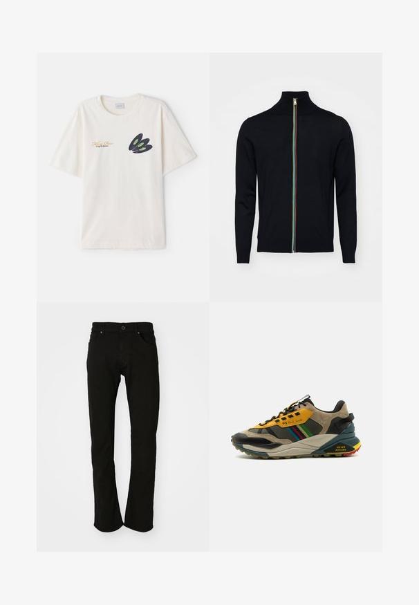 Paul Smith MEN CARDIGAN ZIP - Vest - black; Crème-kleurige katoenen t-shirt met een donkere vinylplaat grafiek met groene accenten en gouden tekst op de voorkant. Korte mouwen, ronde hals.; Zwarte denim jeans met een rechte pijp, voorzien van een klassieke tailleband, zijzakken en een gladde textuur. Geen zichtbare patronen of accenten.; Multikleurige sneakers met een mix van suède en mesh materialen, in een geel en zwart kleurenschema, met textuurzolen en zijaccenten.
