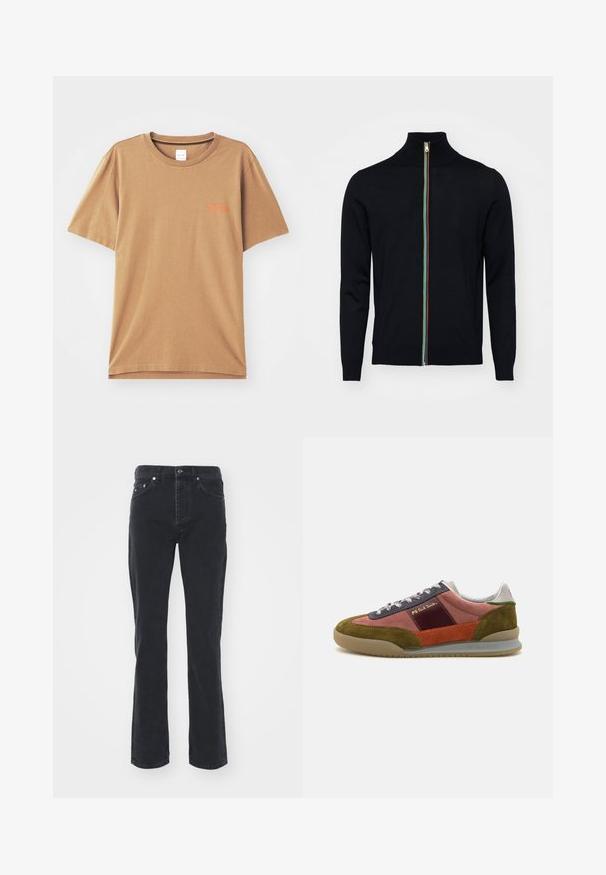 Paul Smith MEN CARDIGAN ZIP - Chaqueta de punto - black; Camiseta de algodón marrón de manga corta con cuello redondo, que presenta un pequeño texto naranja en el pecho y un ajuste relajado.; Vaqueros de mezclilla negra con un diseño de pierna recta, que cuentan con cinco bolsillos y un cierre de botón. La tela tiene una textura sutil y un acabado resistente.; PS Paul Smith DOVER - Zapatillas - pink
