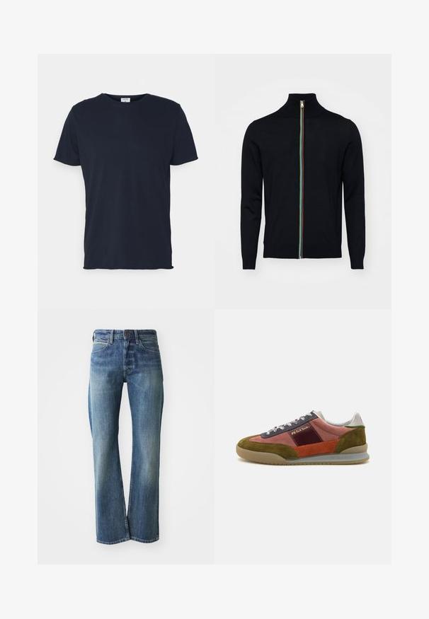 Paul Smith MEN CARDIGAN ZIP - Vest - black; Navyblauwe katoenen t-shirt met ronde hals en korte mouwen, met een gladde textuur en eenvoudig ontwerp, zonder zichtbare patronen of accenten.; Denim jeans in een licht tot gemiddeld blauwe kleur, met een recht gesneden pijp, klassiek vijf-pocket ontwerp en subtiele vervaging aan de voorkant.; PS Paul Smith DOVER - Sneakers laag - pink